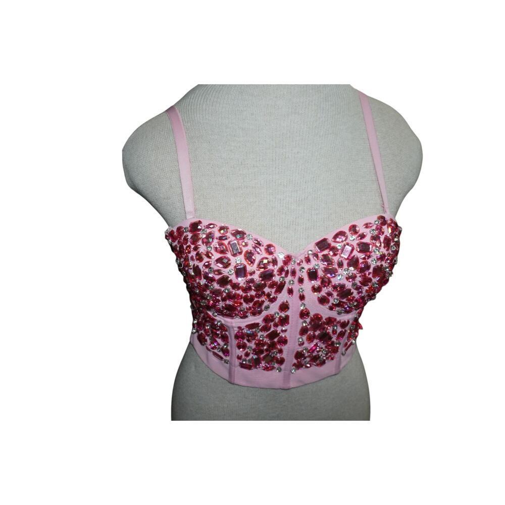 Y2K Pink Rhinestone Corset Bustier Top | Festival Coachella Clubwear S - Picture 6 of 10